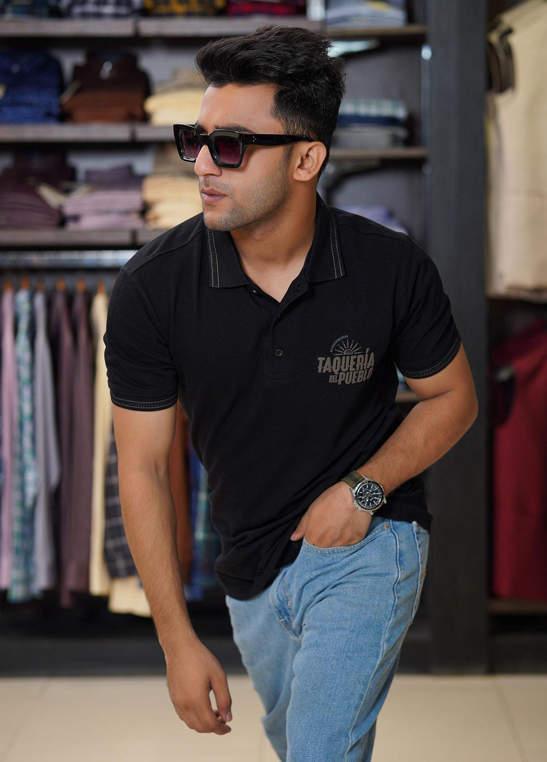 Sanaulla Exclusive Range Cotton Polo for Men - D-6169 Black