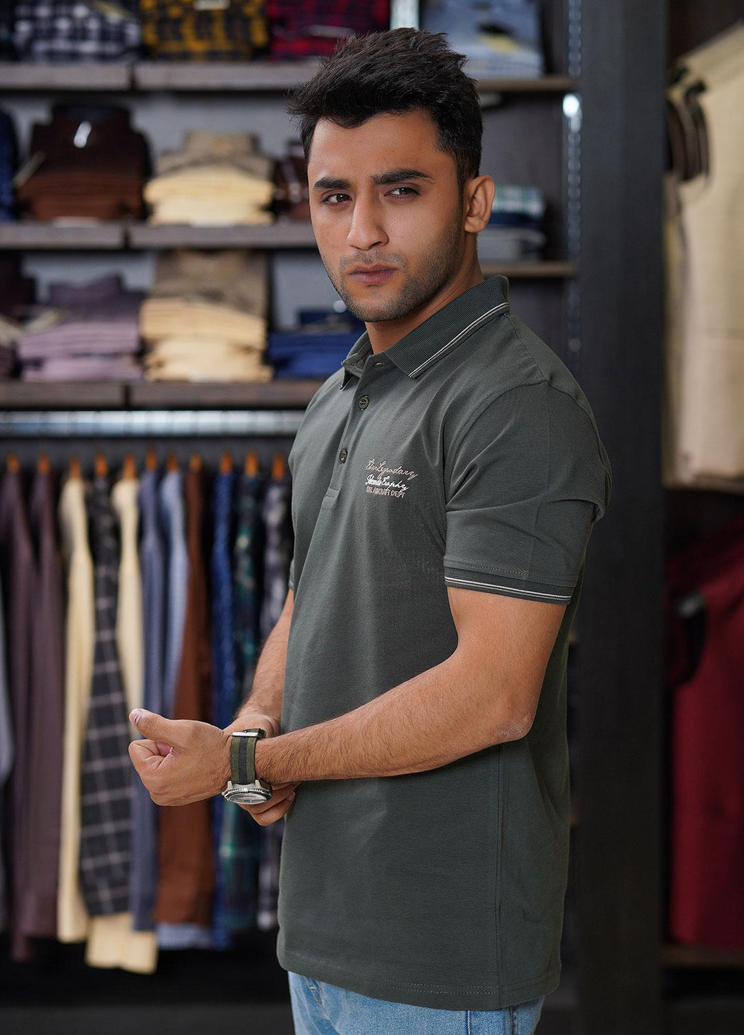 Sanaulla Exclusive Range Cotton Polo for Men - D-6565 Green