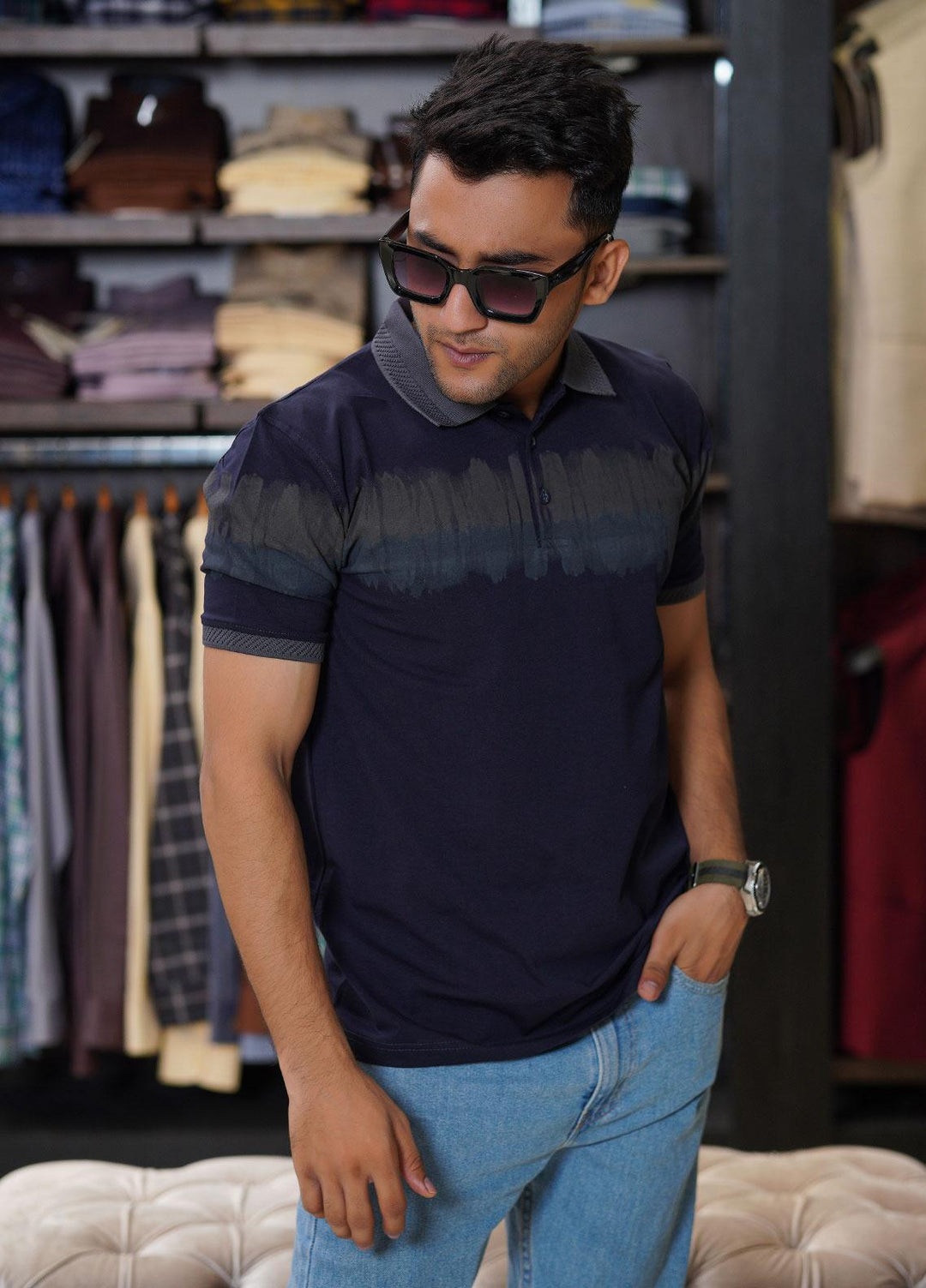 Sanaulla Exclusive Range Cotton Polo for Men - D-6605 Navy Blue