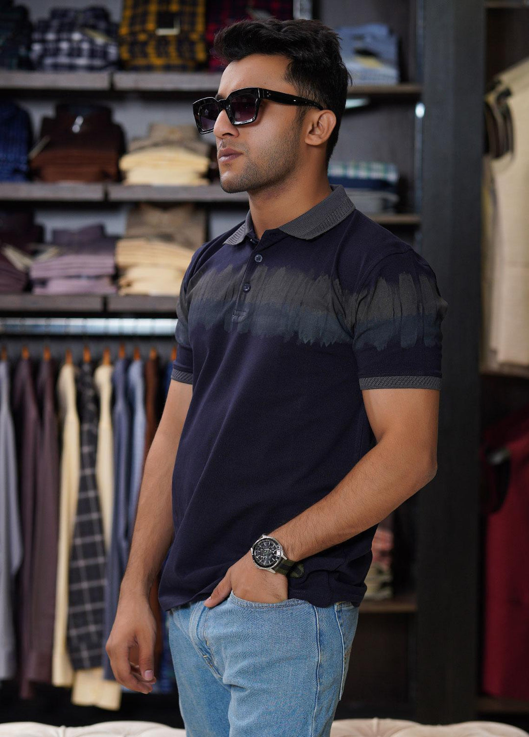 Sanaulla Exclusive Range Cotton Polo for Men - D-6605 Navy Blue