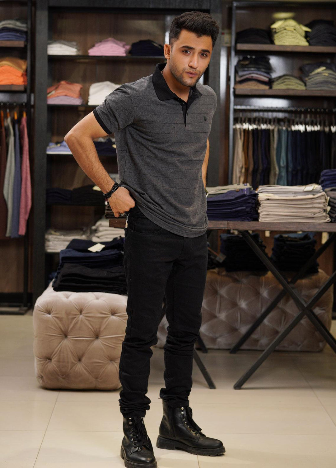 Sanaulla Exclusive Range Cotton Polo for Men - D-6771 Dark Grey