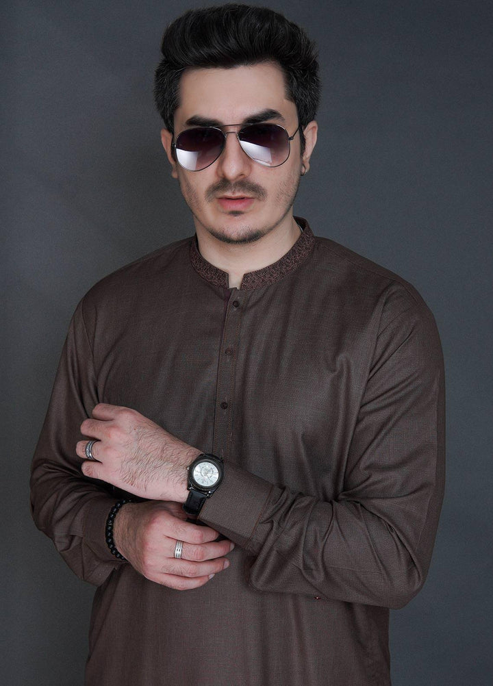 Sanaulla Exclusive Range Wash N Wear Formal Kameez Shalwar for Men -  C-9239 Brown