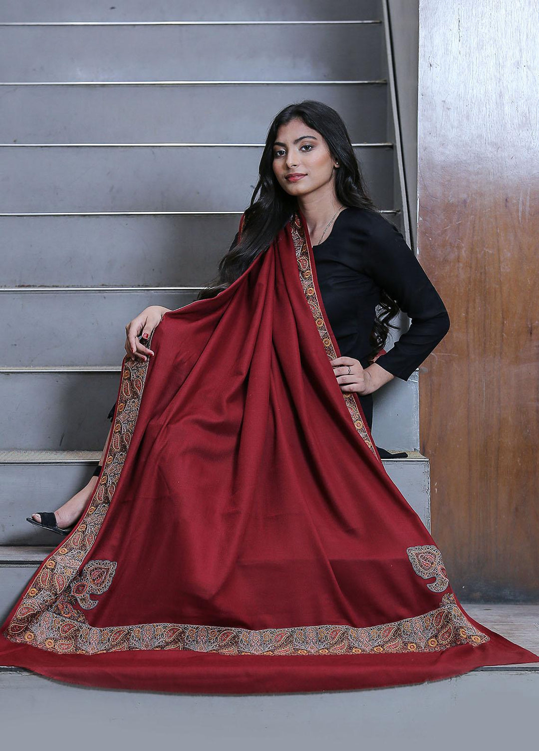 Sanaulla Exclusive Range  Pashmina  Mama D-18 Maroon - Women Shawls