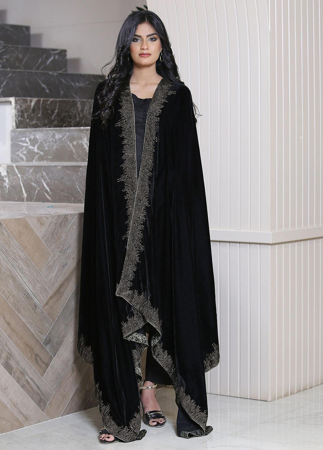 Sanaulla Exclusive Range  Pashmina  Siroski Velvet Brand KPS-24 Black - Women Shawls