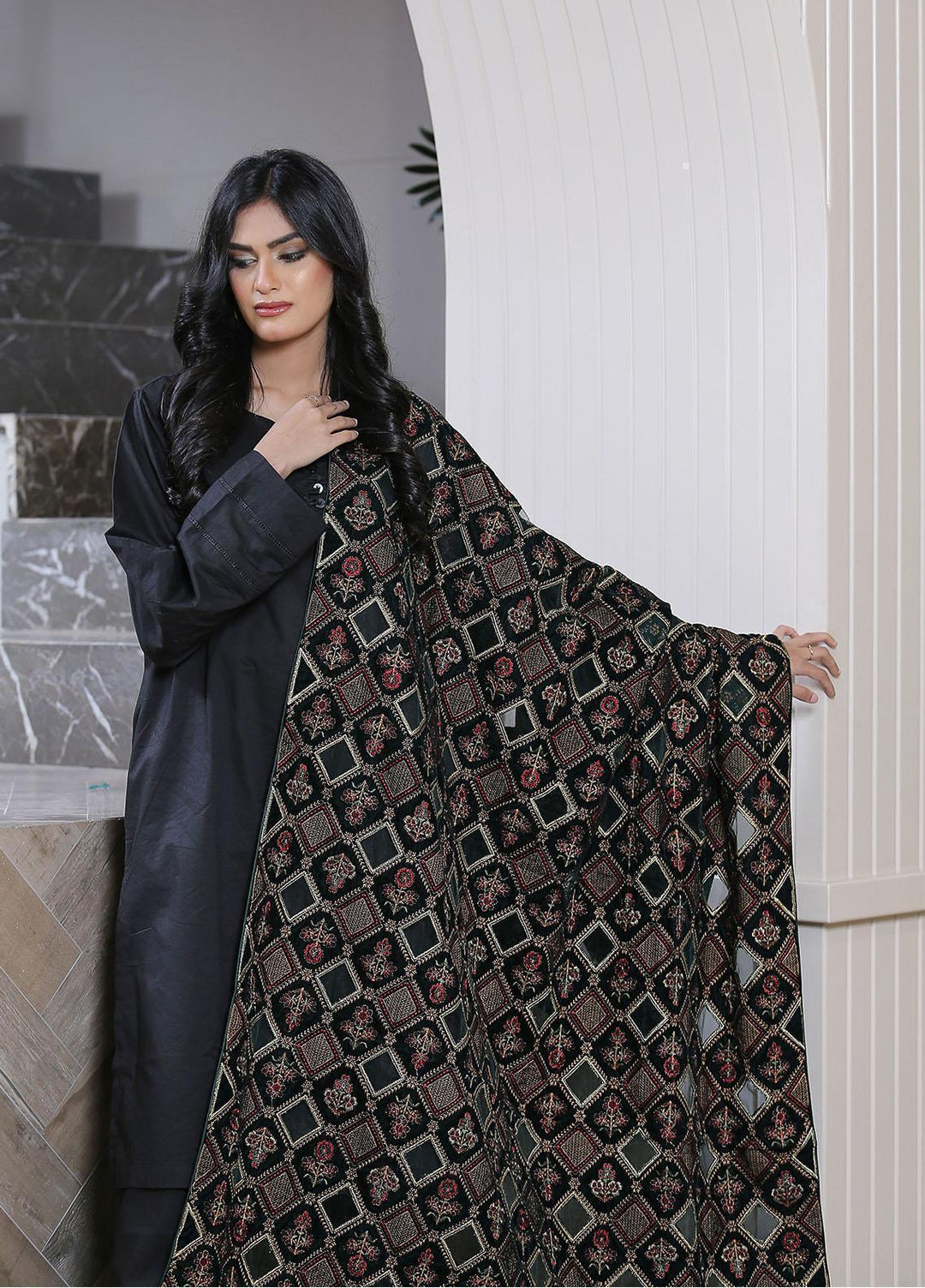 Sanaulla Exclusive Range  Pashmina  Velvet D No J-1 KPS-41 Green - Women Shawls