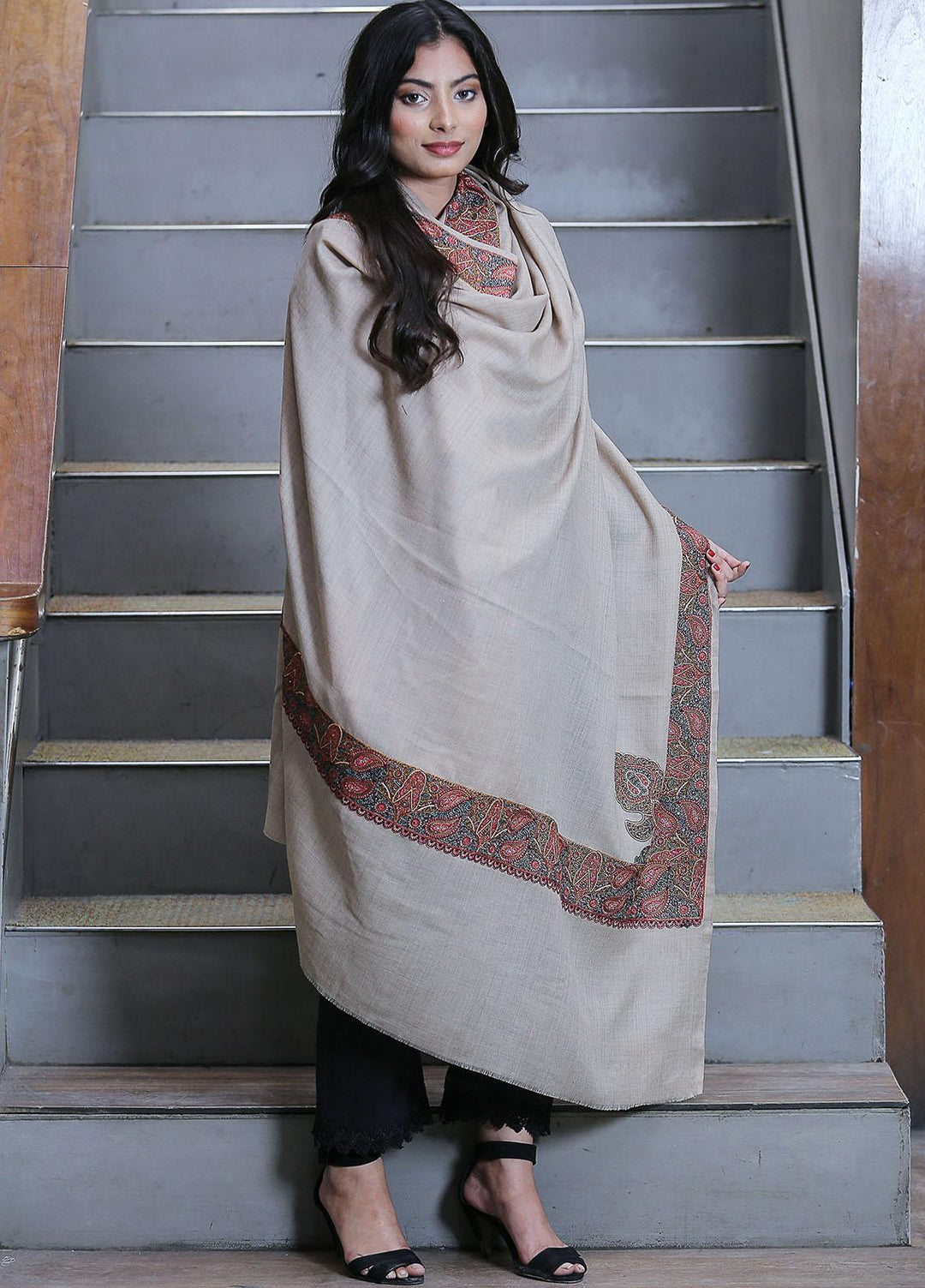 Sanaulla Exclusive Range  Pashmina  Mama D-18 Beige 01 - Women Shawls