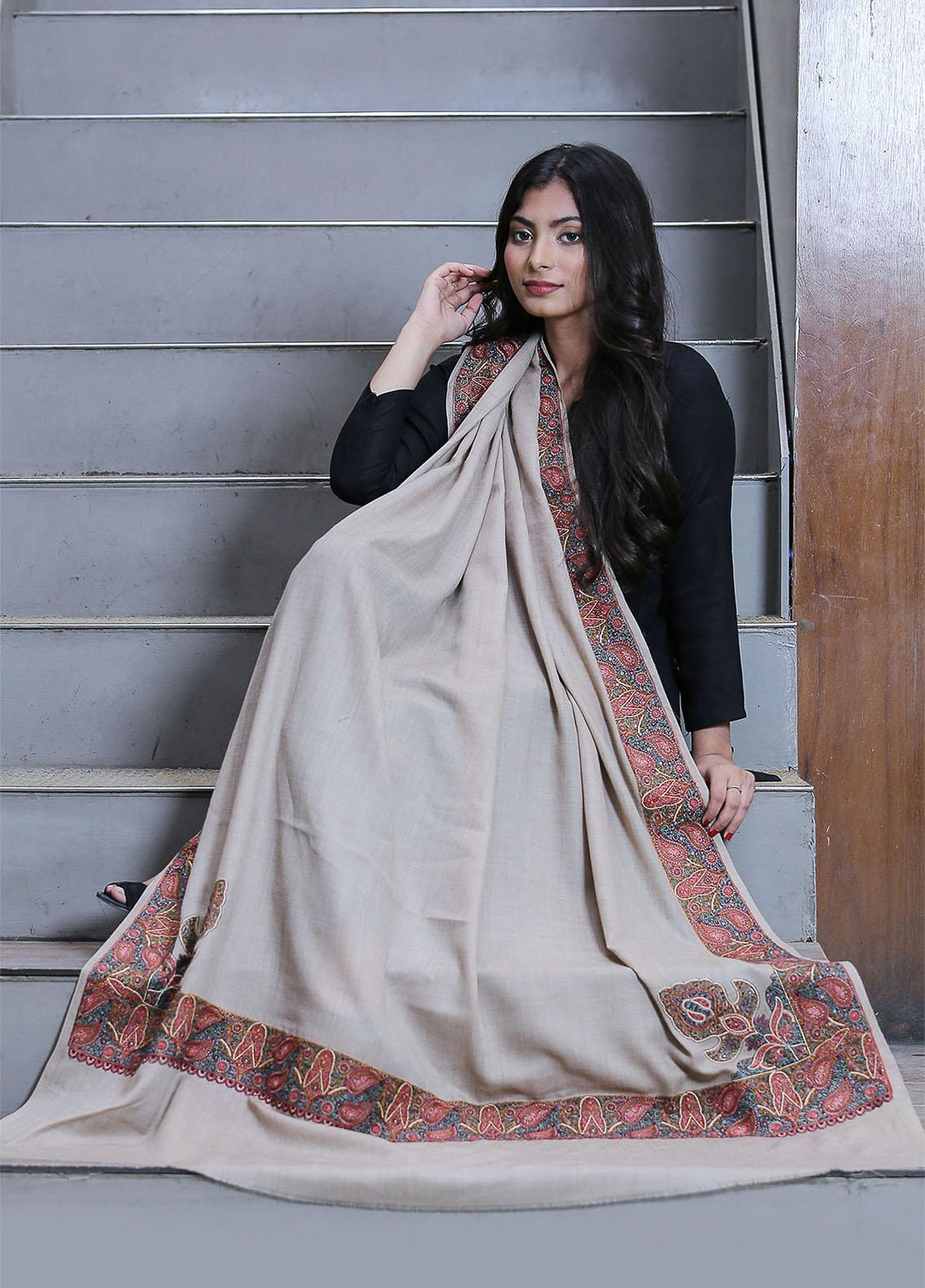 Sanaulla Exclusive Range  Pashmina  Mama D-18 Beige 01 - Women Shawls