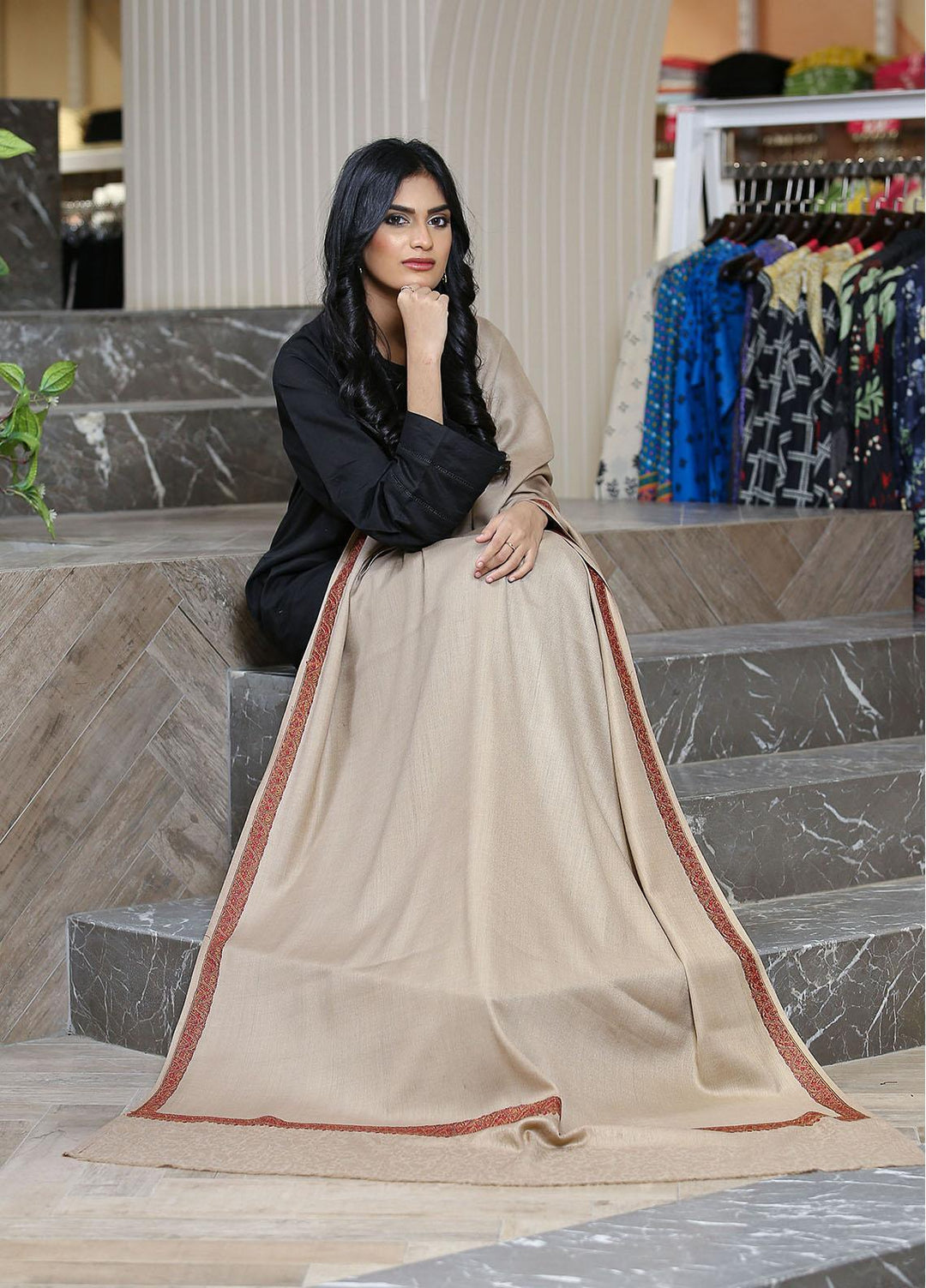 Sanaulla Exclusive Range  Pashmina  Mama D-11 Beige - Women Shawls