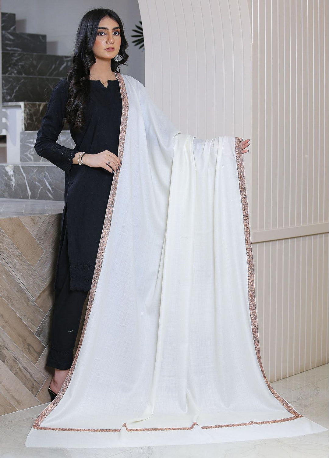 Sanaulla Exclusive Range  Pashmina  KPS 781 D-25 Off White 1 - Women Shawls