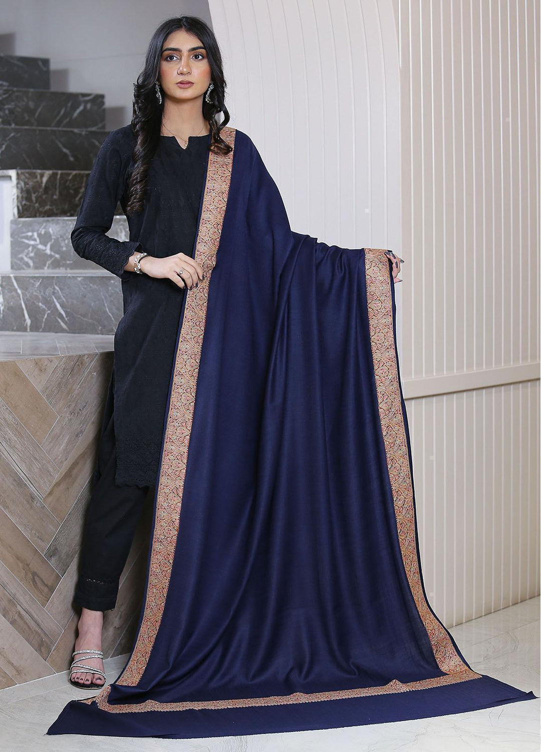 Sanaulla Exclusive Range  Pashmina  Mama D-12 N Blue - Women Shawls