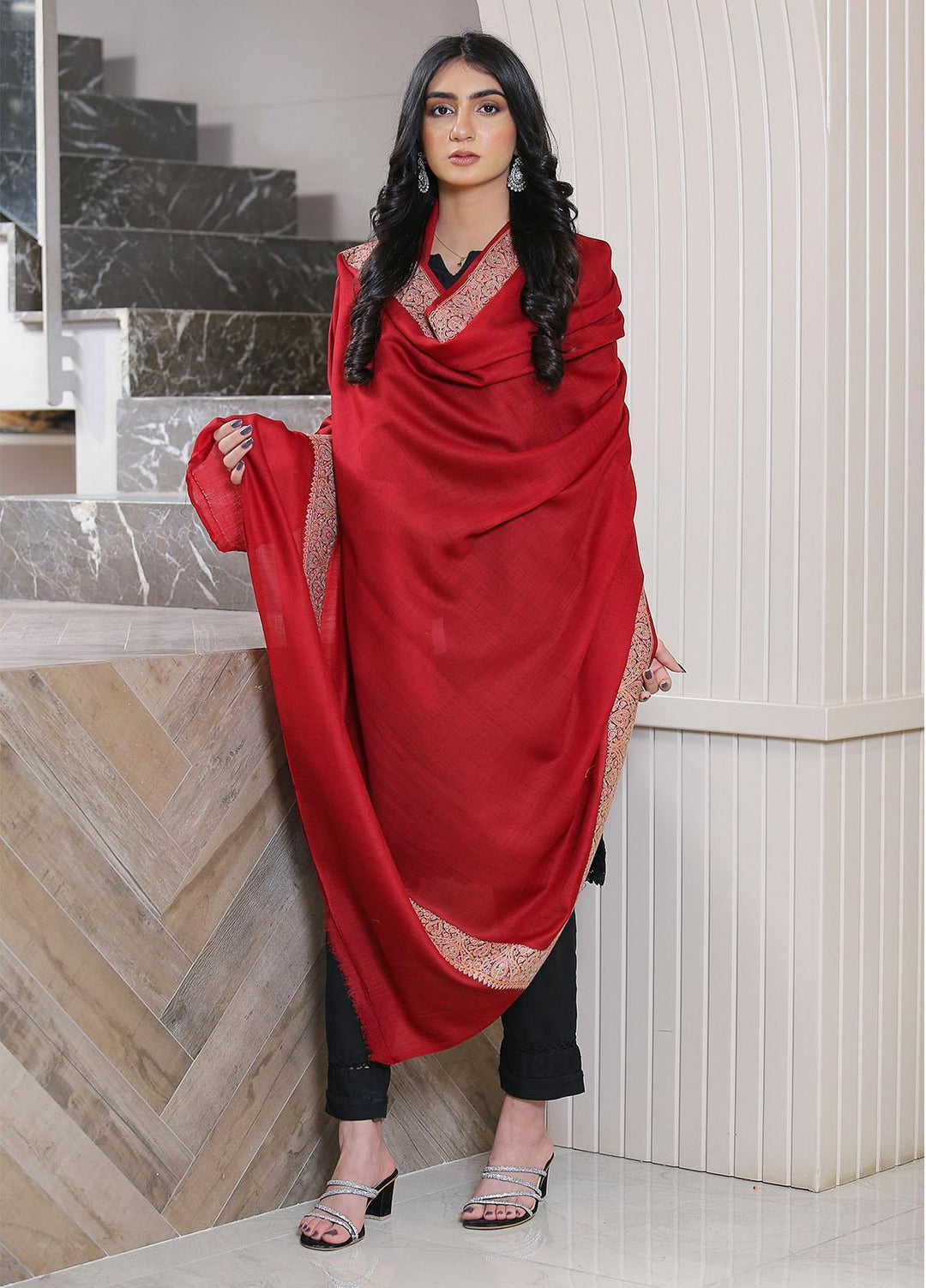 Sanaulla Exclusive Range  Pashmina  Mama D-12 Maroon - Women Shawls