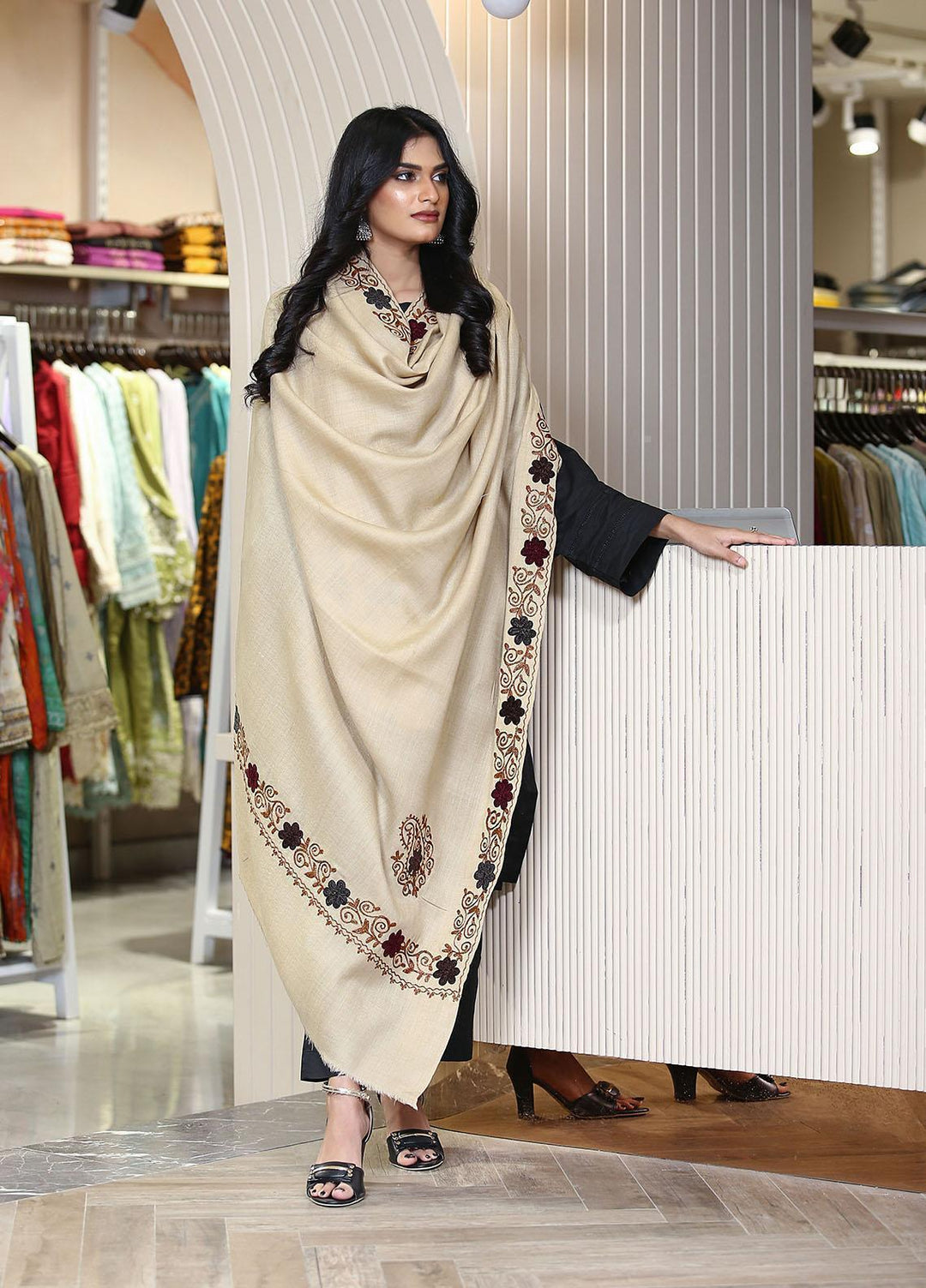 Sanaulla Exclusive Range  Pashmina  KPS 781 D-55 Fawn 1 - Women Shawls