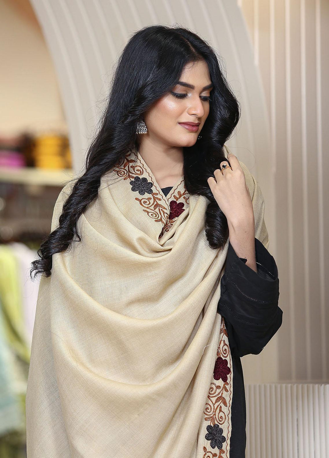 Sanaulla Exclusive Range  Pashmina  KPS 781 D-55 Fawn 1 - Women Shawls