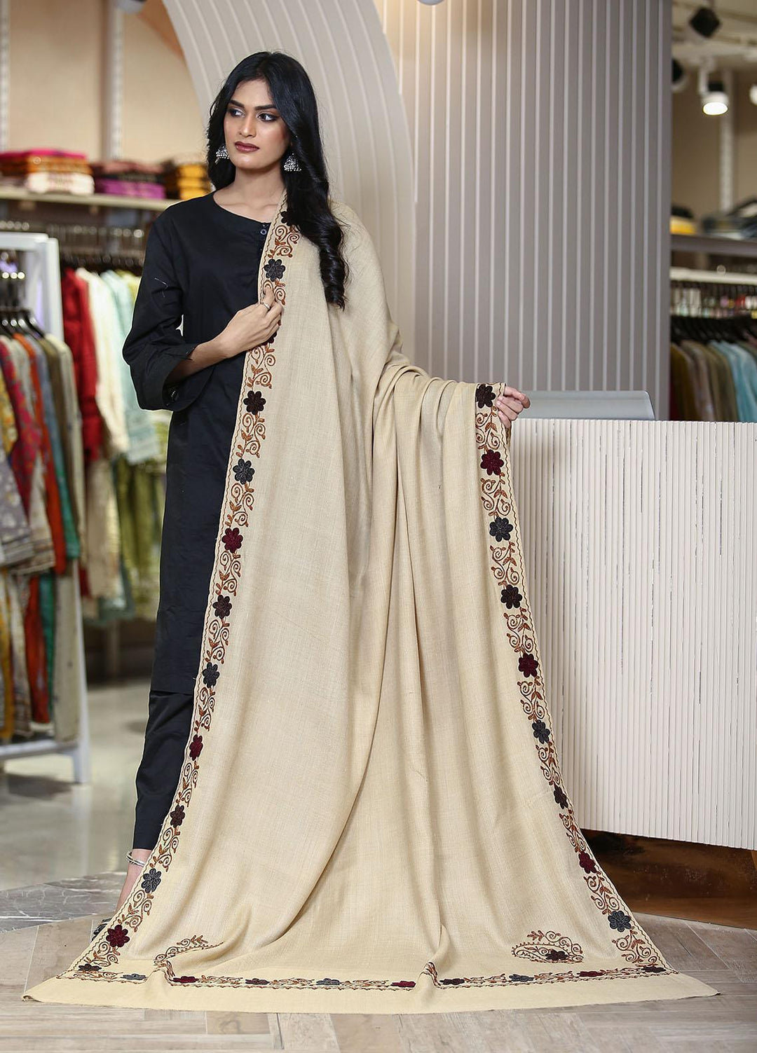 Sanaulla Exclusive Range  Pashmina  KPS 781 D-55 Fawn 1 - Women Shawls