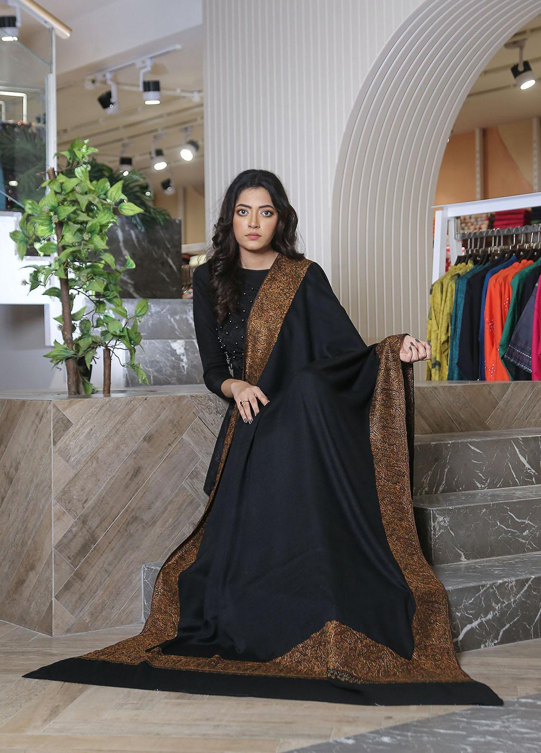 Sanaulla Exclusive Range  Pashmina  Mama D-19 Black 02 - Women Shawls