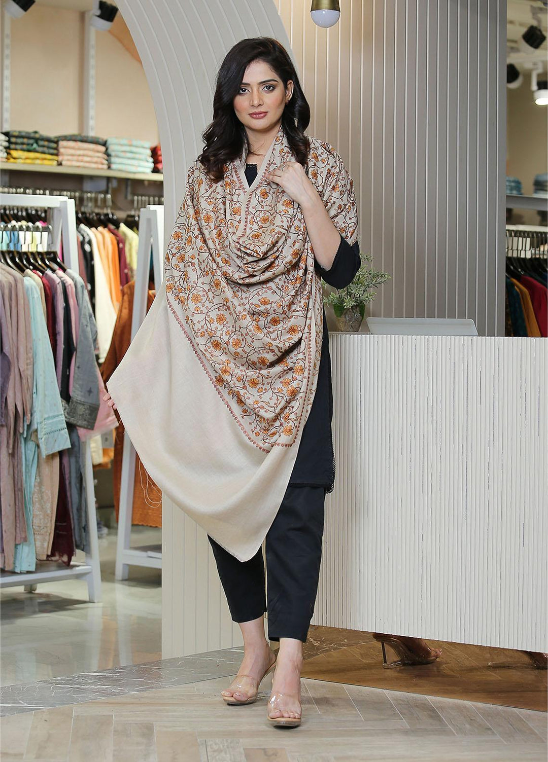 Sanaulla Exclusive Range  Pashmina  KPS 781 D-18 Beige - Women Shawls