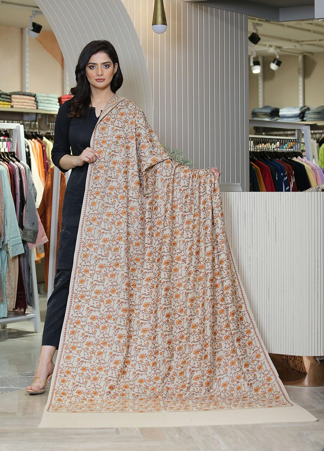 Sanaulla Exclusive Range  Pashmina  KPS 781 D-18 Beige - Women Shawls