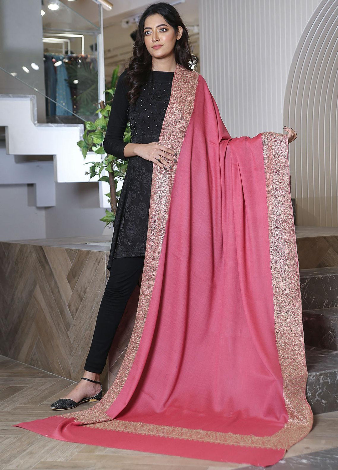 Sanaulla Exclusive Range  Pashmina  Mama D-19 Pink - Women Shawls