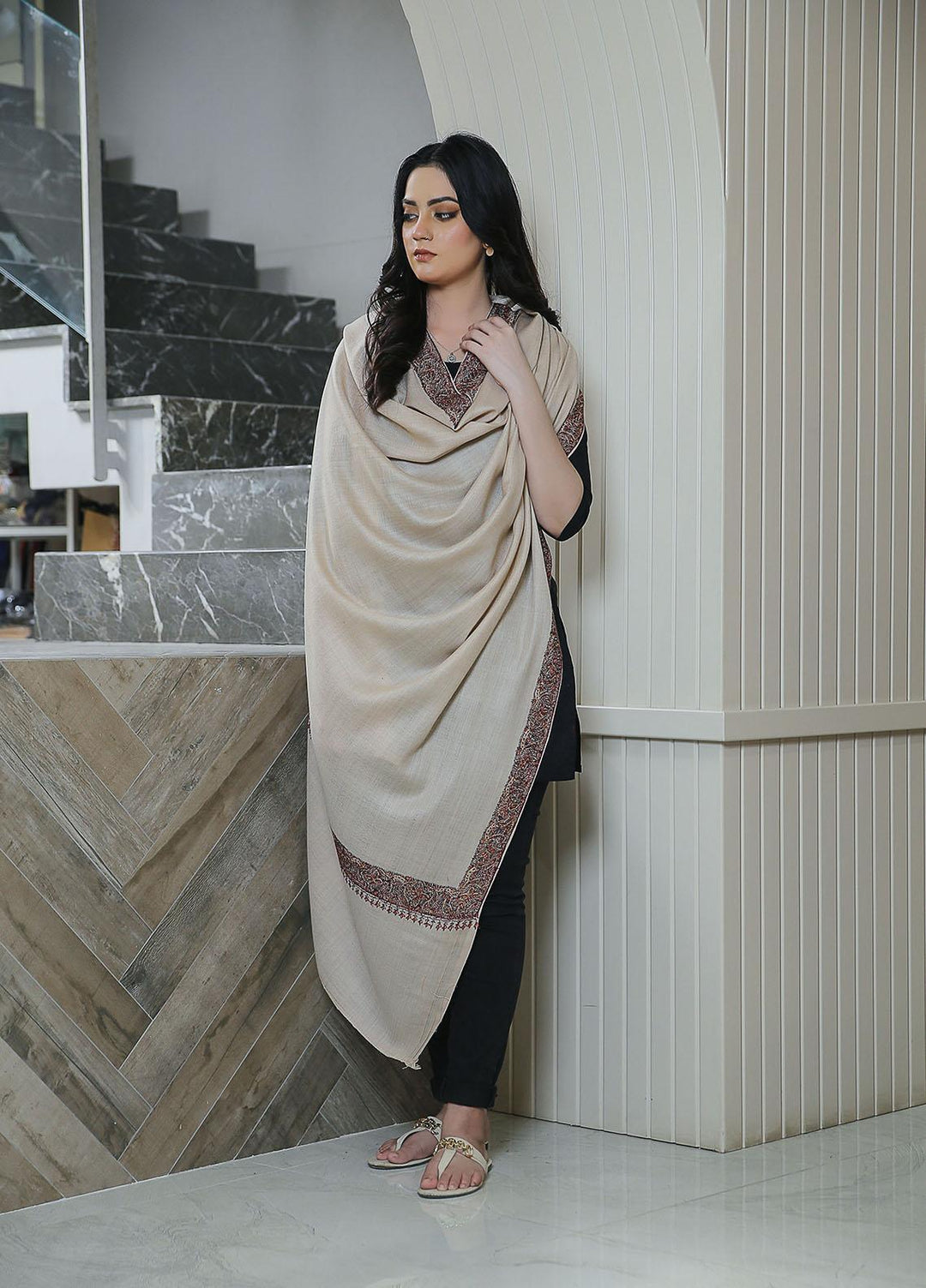 Sanaulla Exclusive Range  Pashmina  Mama D-45 Fawn - Women Shawls