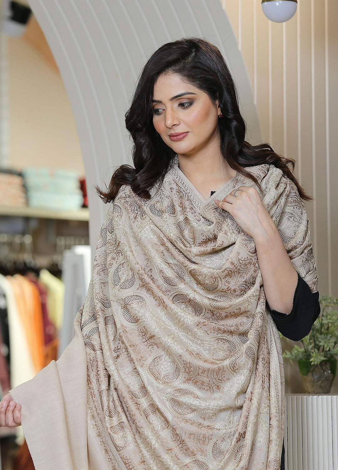 Sanaulla Exclusive Range  Pashmina  KPS 781 D-31 Fawn - Women Shawls