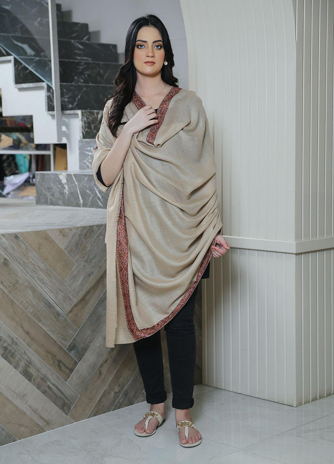 Sanaulla Exclusive Range  Pashmina  Mama D-45 Fawn 01 - Women Shawls