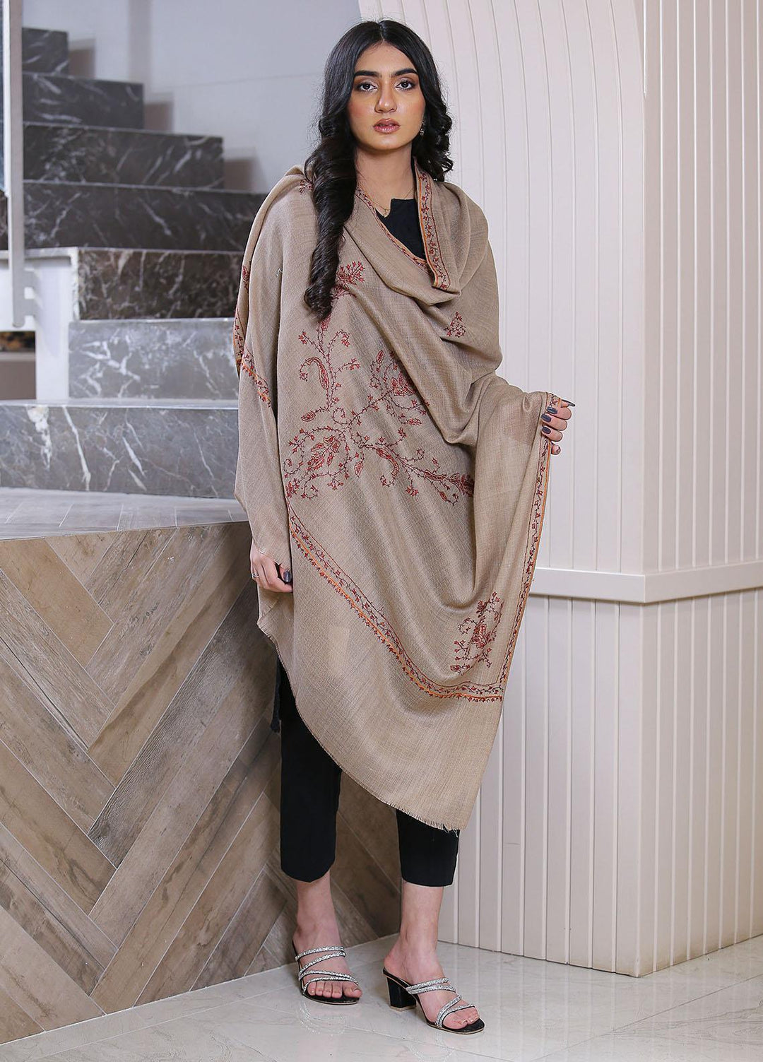 Sanaulla Exclusive Range  Pashmina  Mama D-42 L Brown 01 - Women Shawls