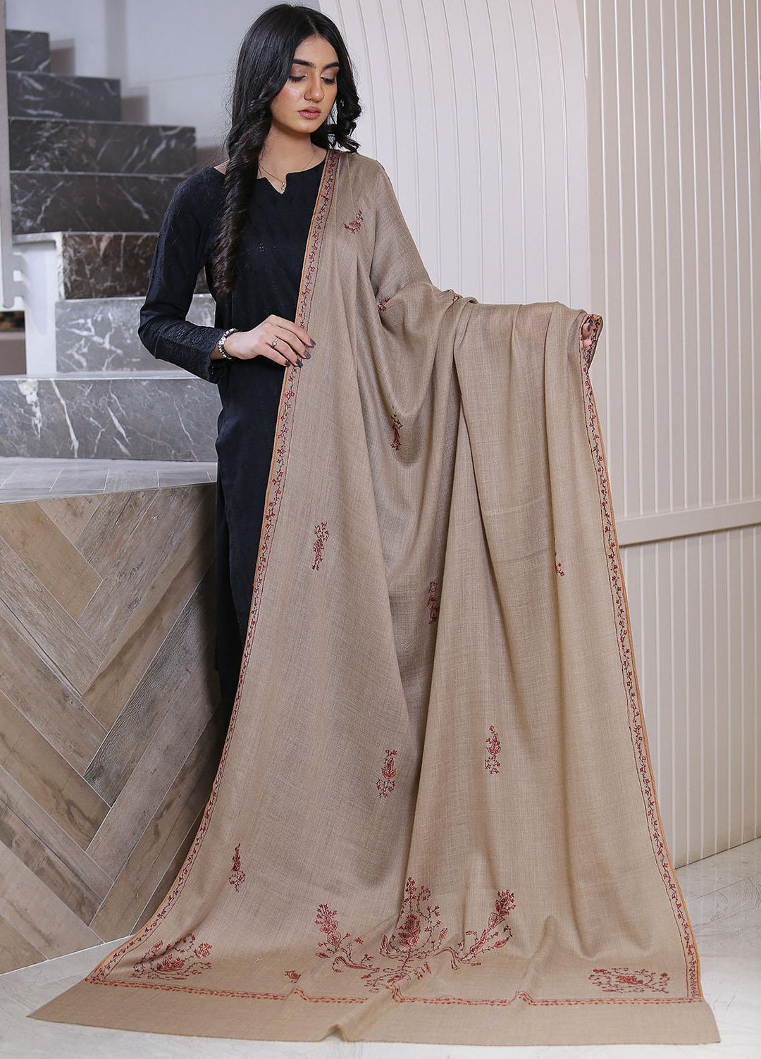 Sanaulla Exclusive Range  Pashmina  Mama D-42 L Brown 01 - Women Shawls