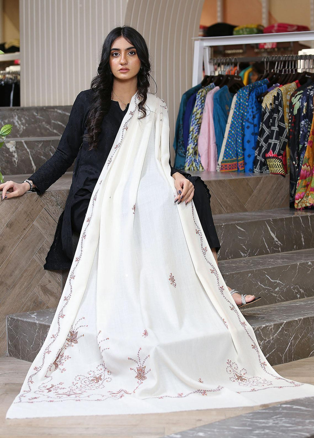 Sanaulla Exclusive Range  Pashmina  Mama D-42 Off White - Women Shawls