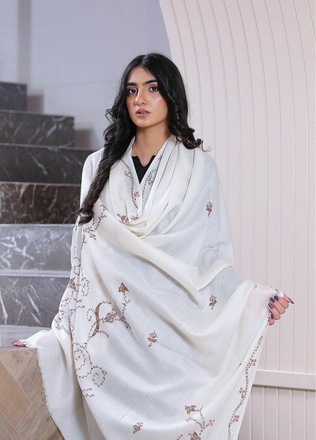 Sanaulla Exclusive Range  Pashmina  Mama D-42 Off White 02 - Women Shawls