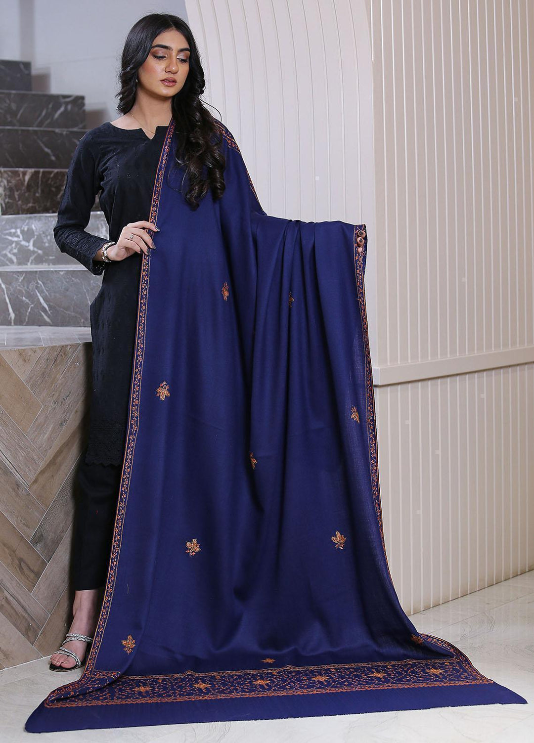 Sanaulla Exclusive Range  Pashmina  Mama D-42 N Blue 02 - Women Shawls