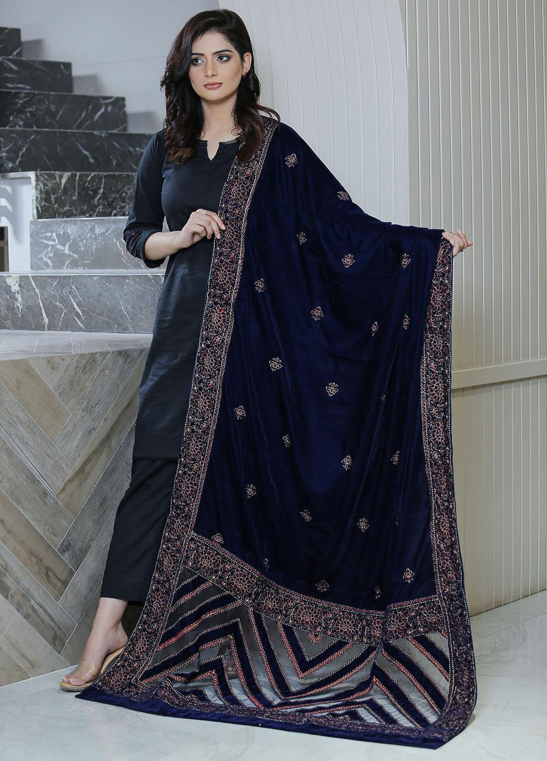 Sanaulla Exclusive Range  Pashmina  KPS 781 D-44 N Blue - Women Shawls