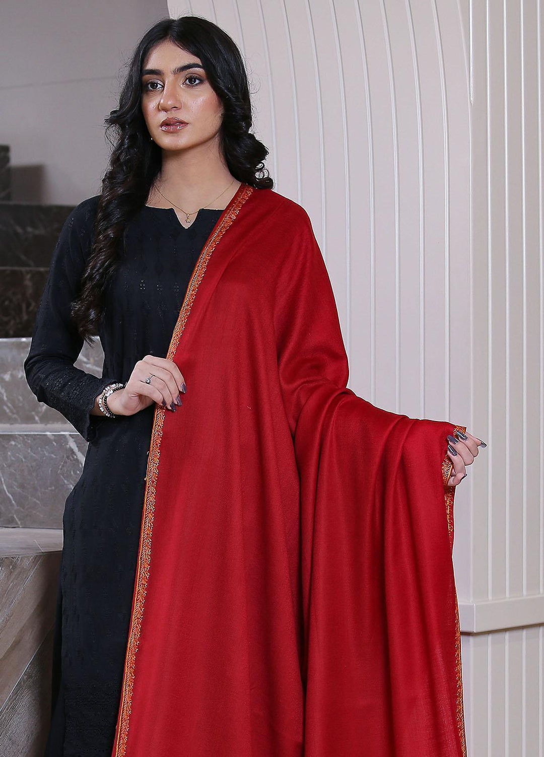 Sanaulla Exclusive Range  Pashmina  Mama D-48 Maroon 02 - Women Shawls