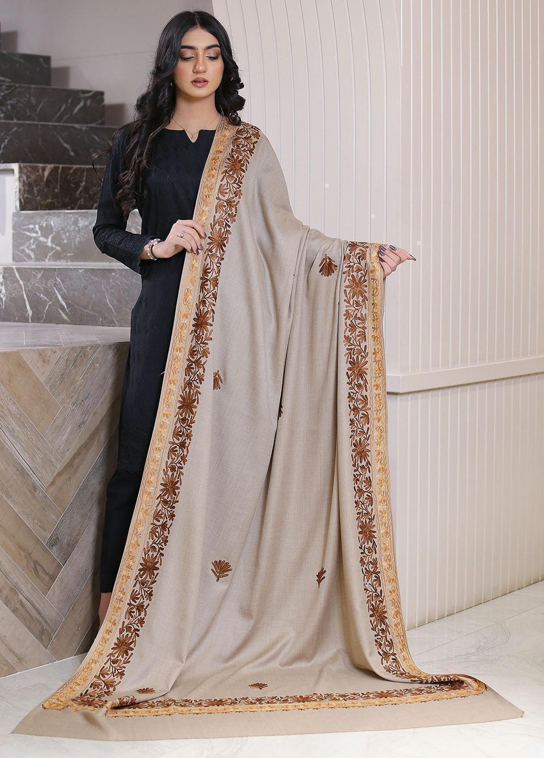 Sanaulla Exclusive Range  Pashmina  KPS 781 D-01 Brown 3 - Women Shawls