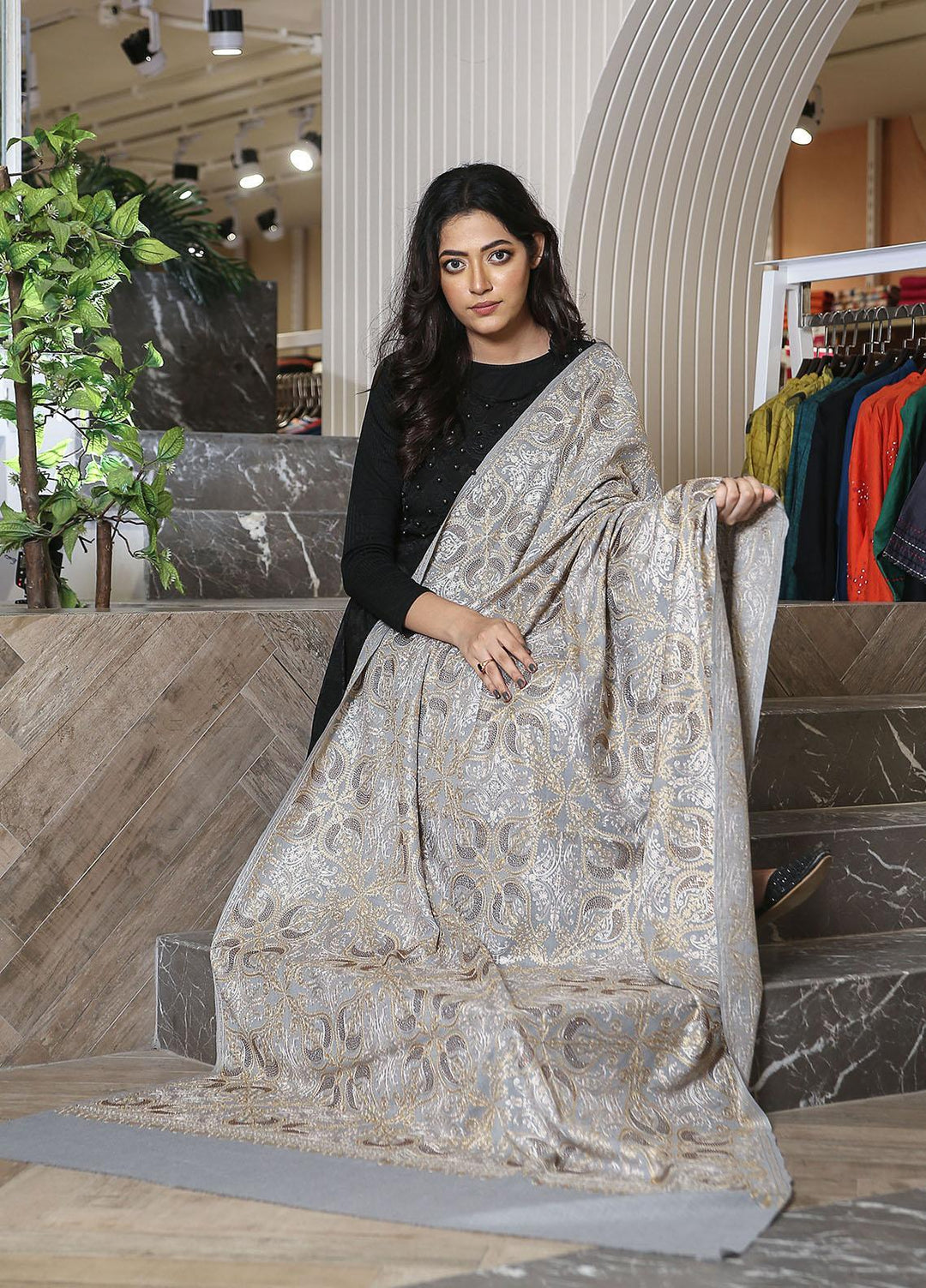 Sanaulla Exclusive Range  Pashmina  KPS 781 D-31 Grey - Women Shawls