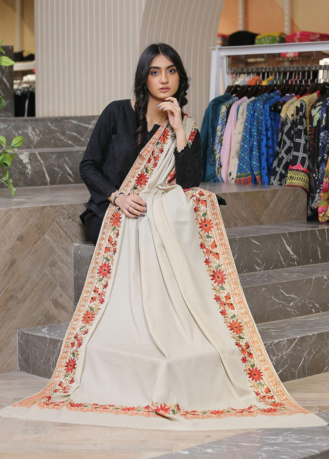 Sanaulla Exclusive Range  Pashmina  KPS 781 D-01 Fawn 5 - Women Shawls