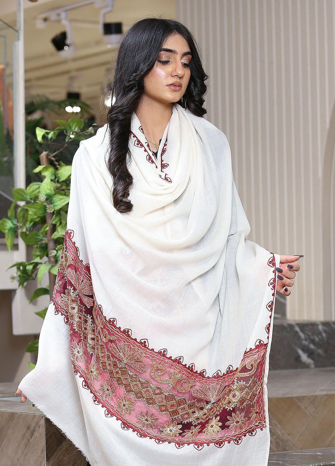 Sanaulla Exclusive Range  Pashmina  KPS 781 D-03 Off White 1 - Women Shawls