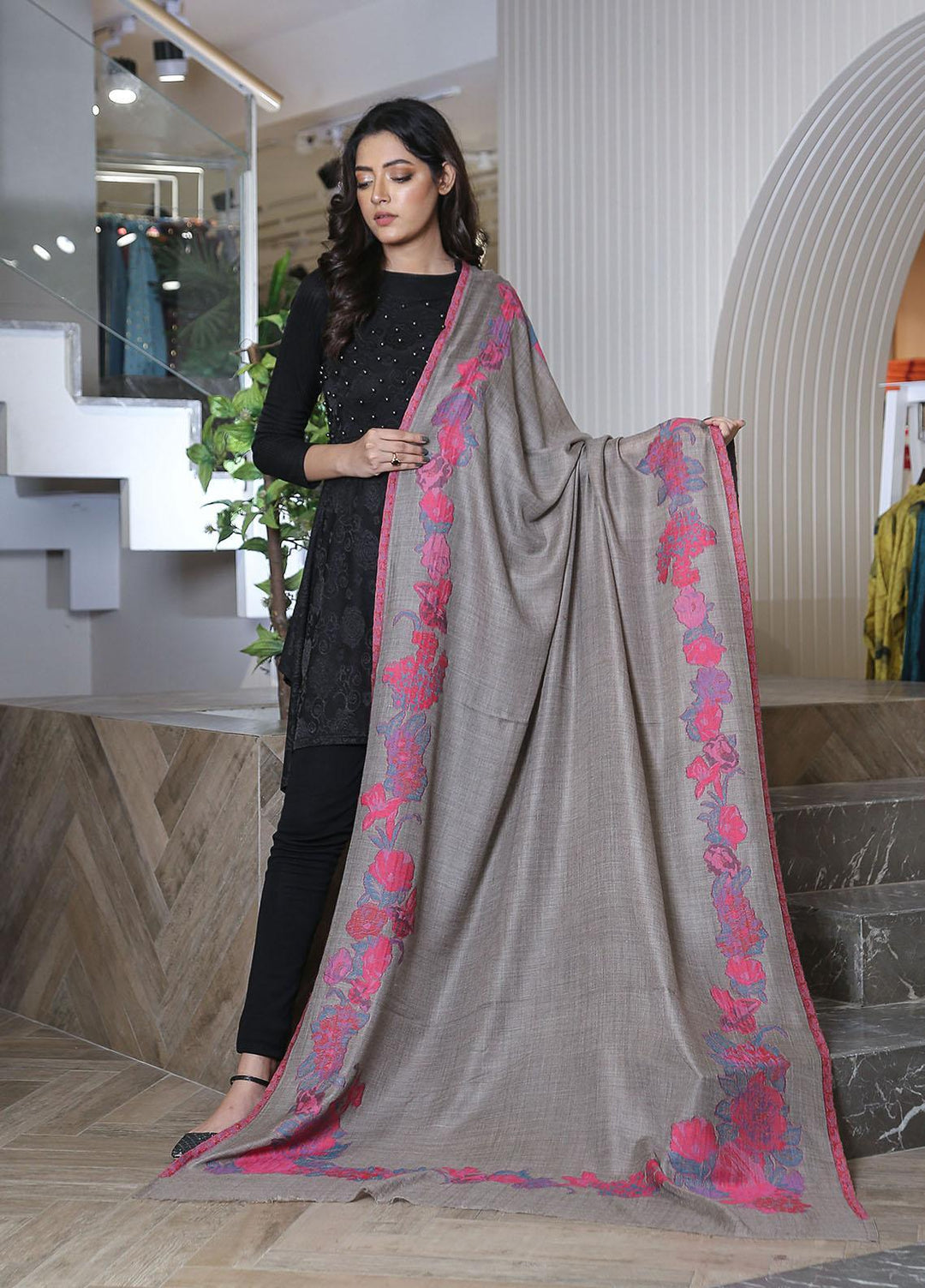 Sanaulla Exclusive Range  Pashmina  KPS 781 D-35 Grey - Women Shawls