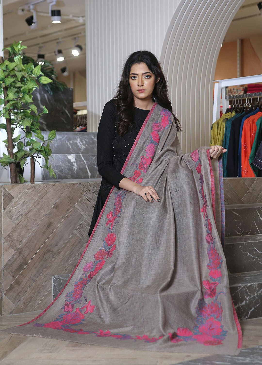 Sanaulla Exclusive Range  Pashmina  KPS 781 D-35 Grey - Women Shawls