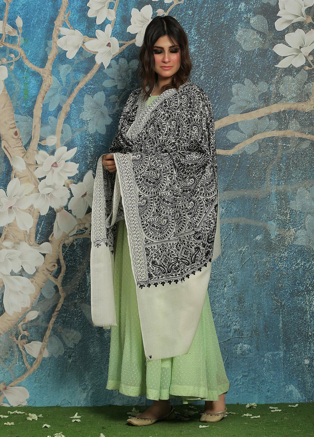 Sanaulla Exclusive Range  Pashmina  Shawl SU21PP MIR-492 Off/White - Pure Pashmina Shawls