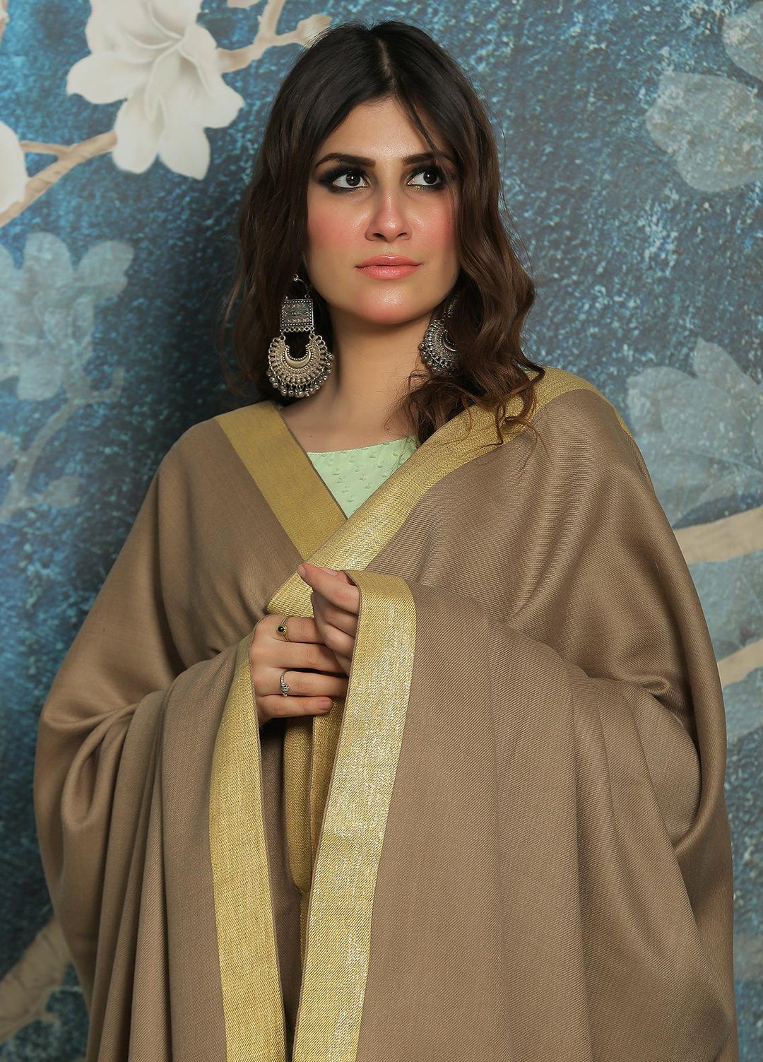 Sanaulla Exclusive Range  Pashmina  Shawl SU21PP MIR-777-Brown - Pure Pashmina Shawls