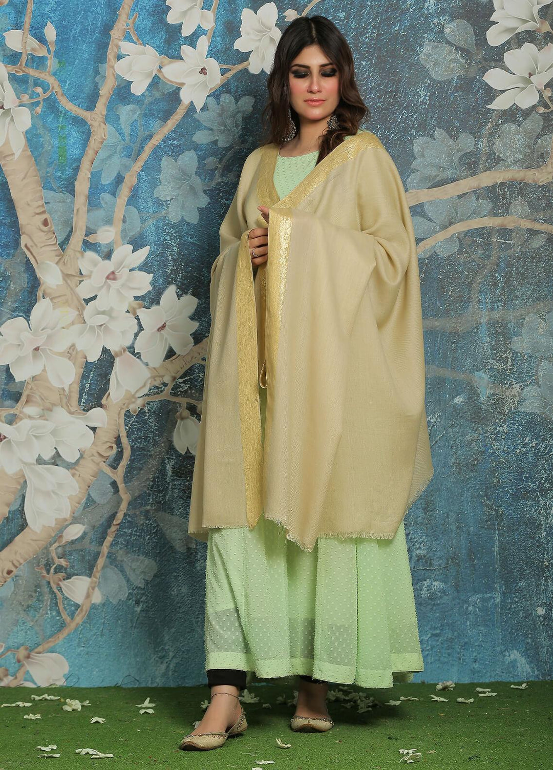 Sanaulla Exclusive Range  Pashmina  Shawl SU21PP MIR-779-Fawn - Pure Pashmina Shawls