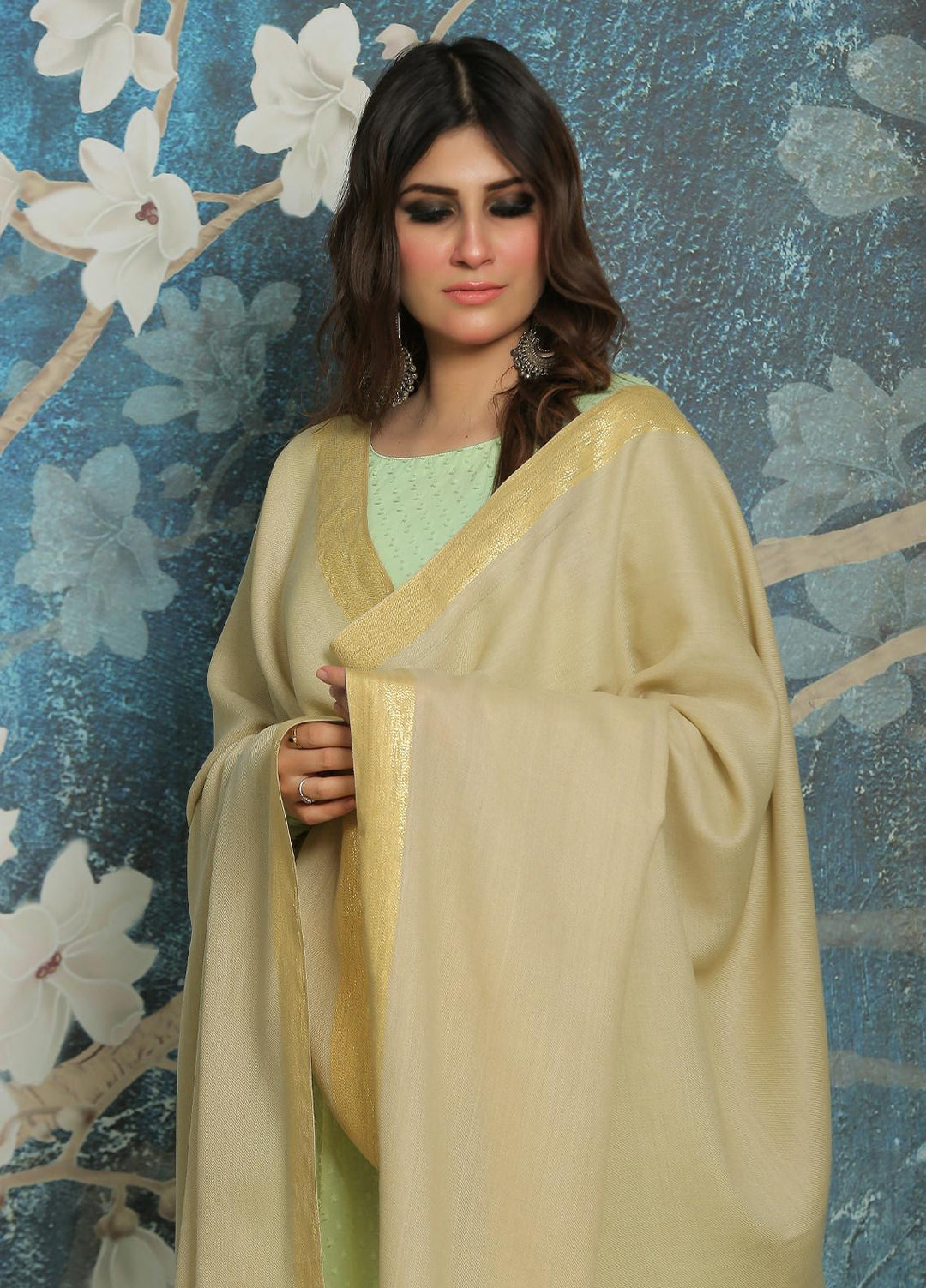 Sanaulla Exclusive Range  Pashmina  Shawl SU21PP MIR-779-Fawn - Pure Pashmina Shawls