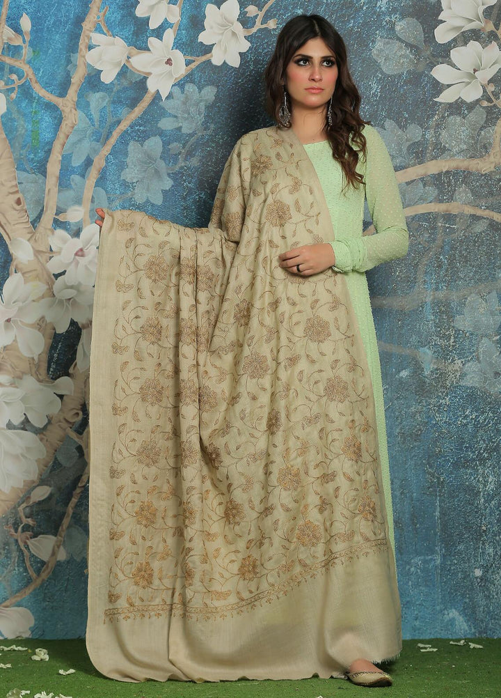 Sanaulla Exclusive Range  Pashmina  Shawl SU21PP AKP-10 Beige-5 - Pure Pashmina Shawls