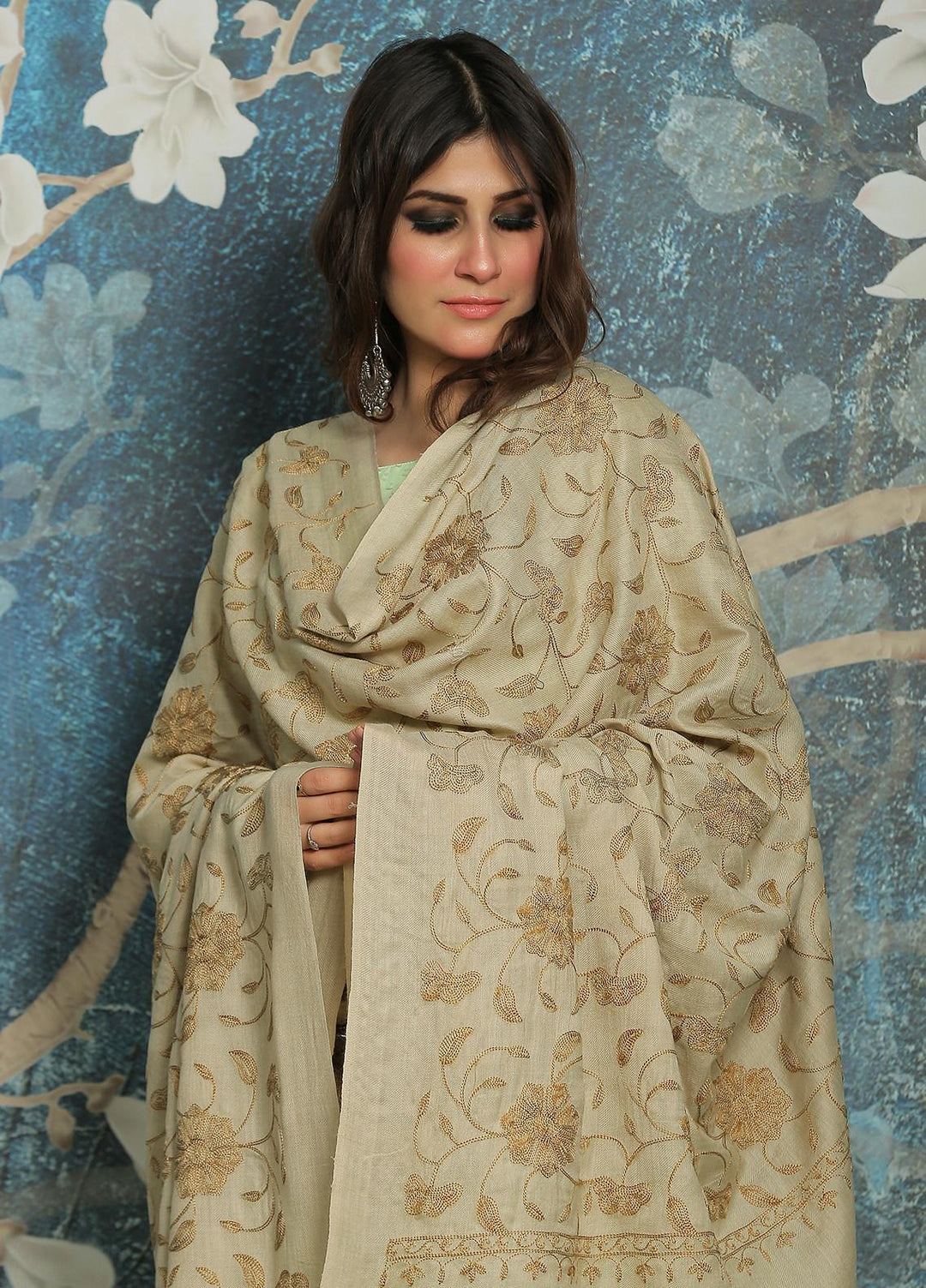 Sanaulla Exclusive Range  Pashmina  Shawl SU21PP AKP-10 Beige-5 - Pure Pashmina Shawls