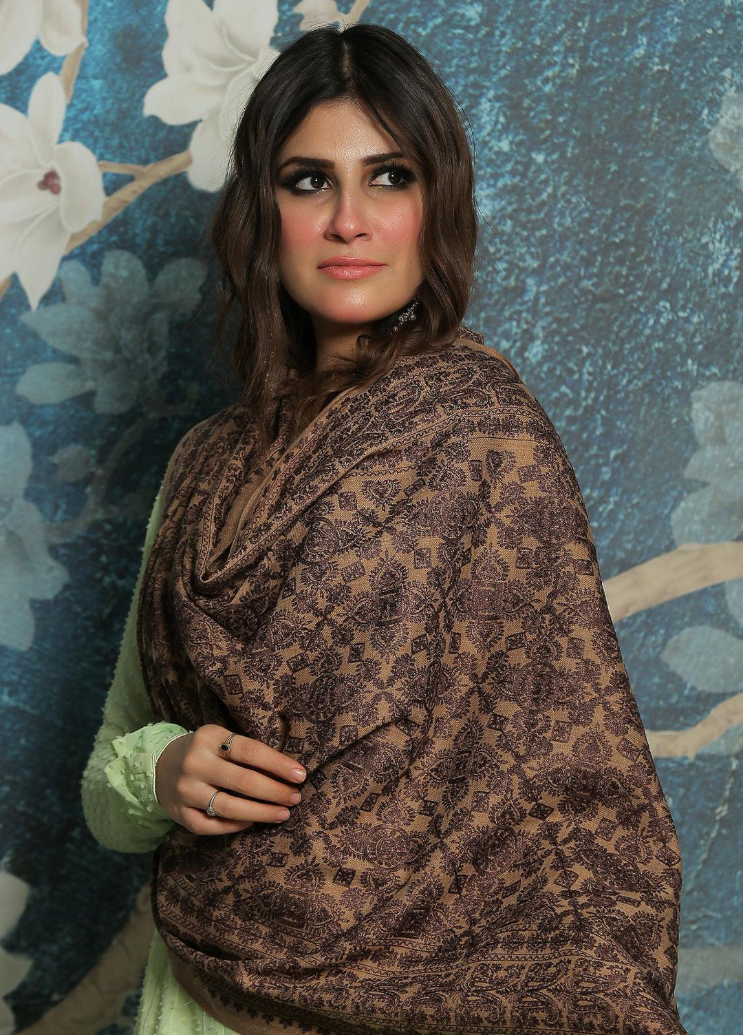 Sanaulla Exclusive Range  Pashmina  Shawl SU21PP AKP-23 L Brown-7 - Pure Pashmina Shawls