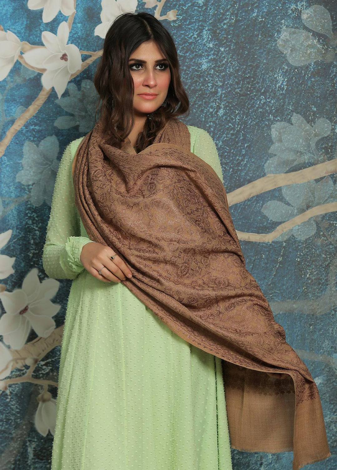 Sanaulla Exclusive Range  Pashmina  Shawl SU21PP AKP-23 L Brown-8 - Pure Pashmina Shawls
