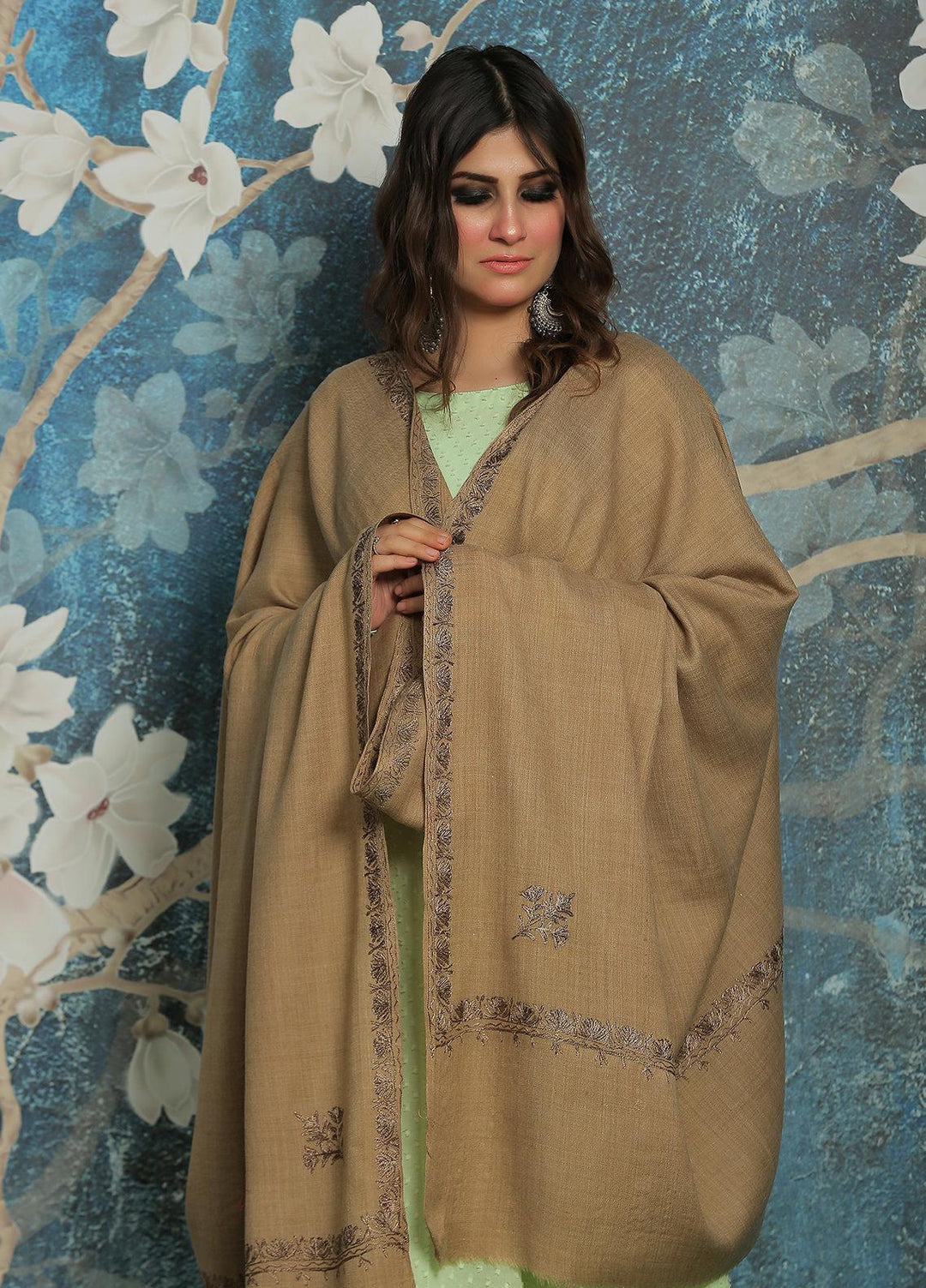 Sanaulla Exclusive Range  Pashmina  Shawl SU21PP AKP-39 Brown-5 - Pure Pashmina Shawls