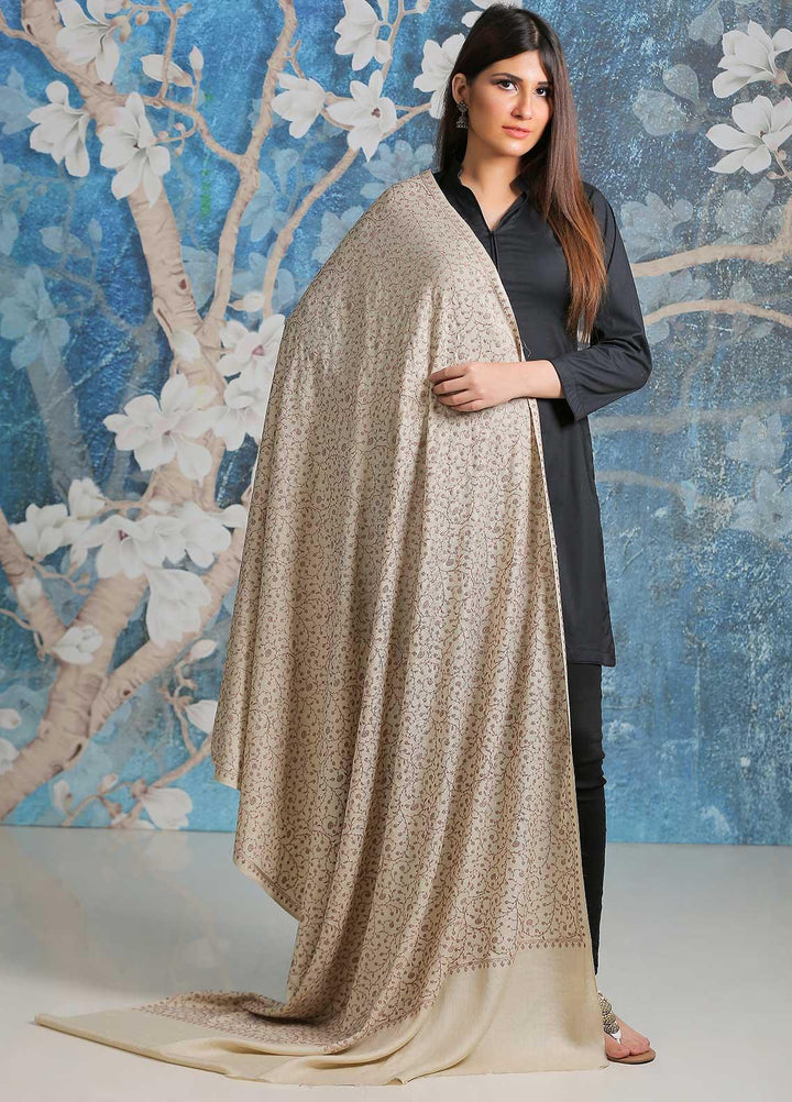 Sanaulla Exclusive Range Embroidered Pashmina  Shawl SU21PP AKP-01 Cream-1 - Pure Pashmina Shawls