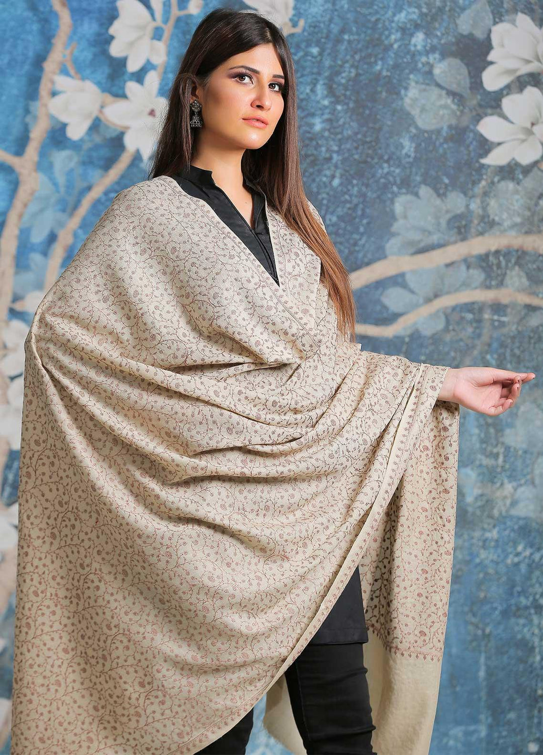 Sanaulla Exclusive Range Embroidered Pashmina  Shawl SU21PP AKP-01 Cream-1 - Pure Pashmina Shawls