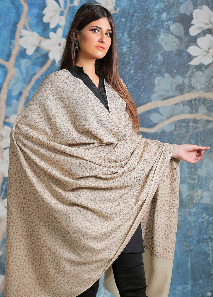 Sanaulla Exclusive Range Embroidered Pashmina  Shawl SU21PP AKP-01 Cream-1 - Pure Pashmina Shawls